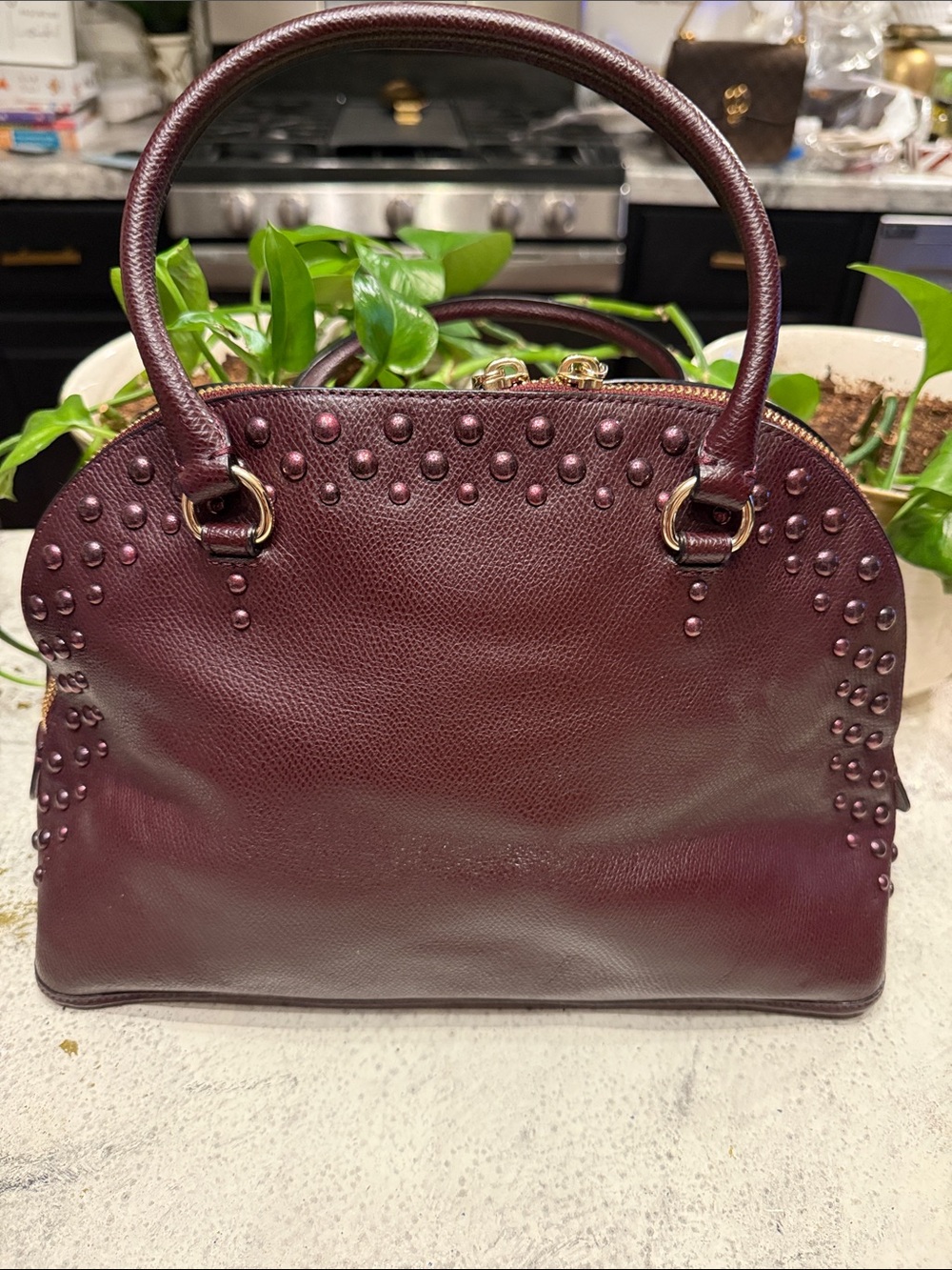 COACH Burgundy Studded Dome Satchel with Gold Hardware - Picture 2 of 13